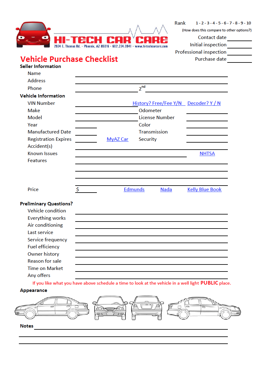 Vehicle pre-purchase inspection form