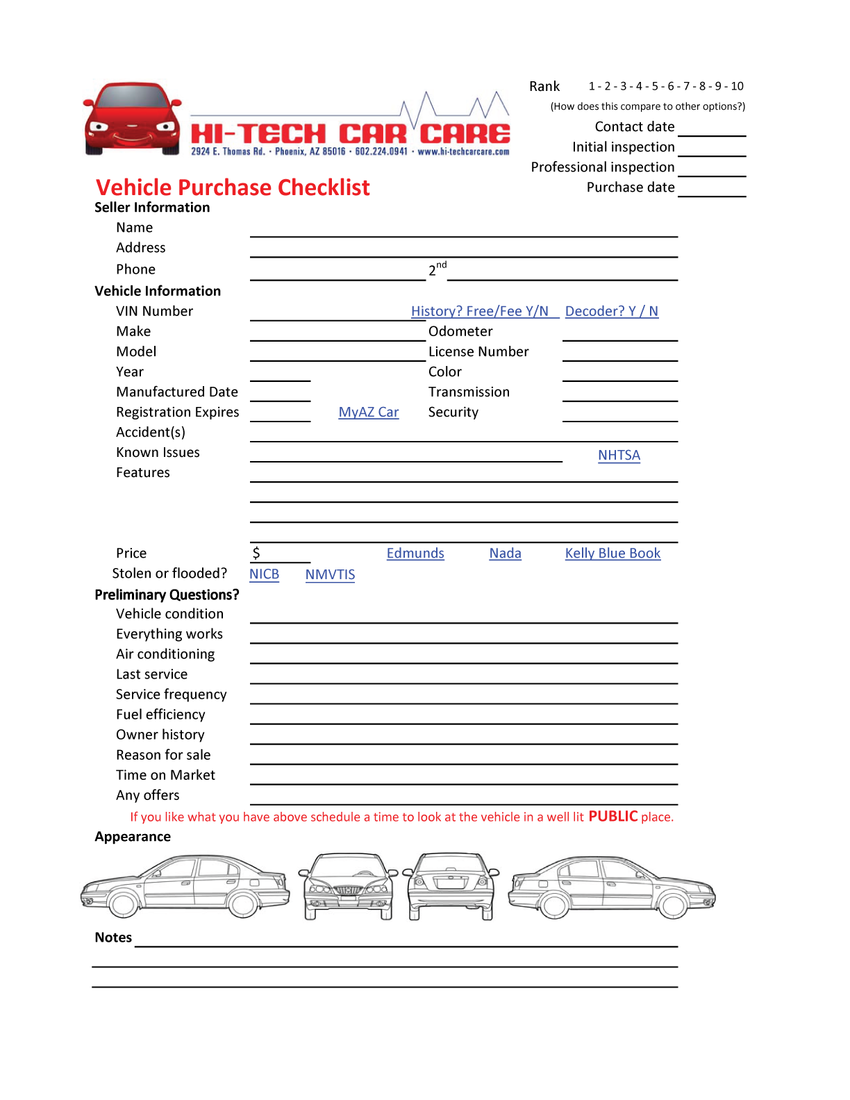 Used Vehicle Inspection Form - Hi-Tech Car Care, Phoenix, Arizona