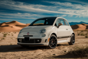 A fiat car parked in the desert in a photorealist
