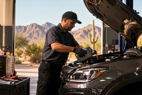 Mechanic performing a scottsdale oil change on a vehicle in a clean auto repair shop near Scottsdale, Arizona.