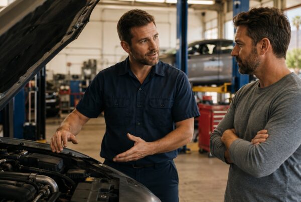 honest Mechanic speaking with a vehicle owner in a Phoenix auto repair shop beside an open hood, showing honest and transparent car repair service.